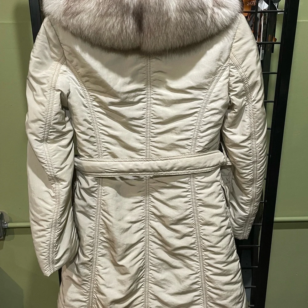 Emilio Franco women coat cream fox trim bet 2 pocket front size small - Picture 2 of 3